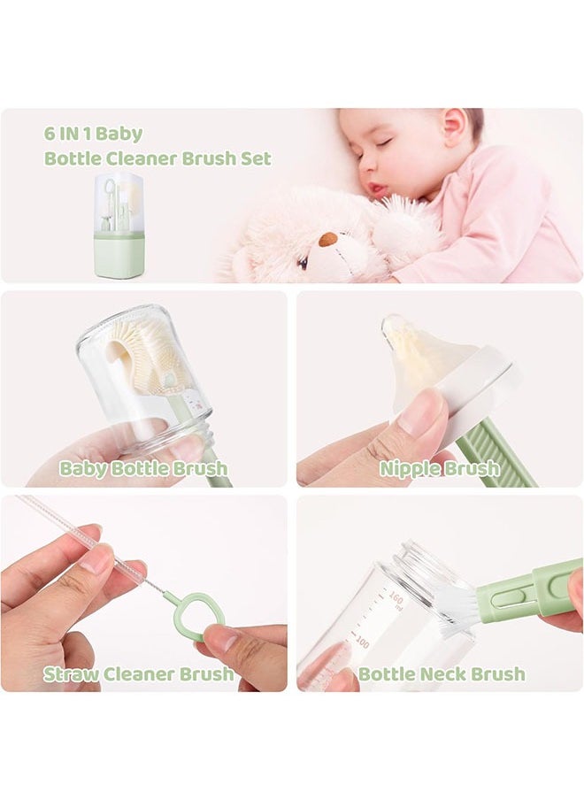 Generic - 6-piece Baby Bottle Brush, Travel Bottle Cleaner Kit with Bottle Brush, Nipple Brush, Straw Cleaning Brush, Bottle Neck Brush and Bottle Drying Rack, Baby Travel Essential for Newborn and Moms(Green) - Image 1