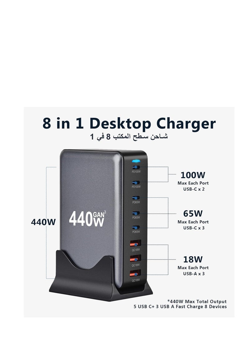 Terabyte 440W Charging Station - 5 Type-C Ports (2x 100W, 3x 65W) and 3 USB Ports (QC18W) - GaN Technology - Certified for Macbook, Galaxy, iPad, Honor and More - Image 2