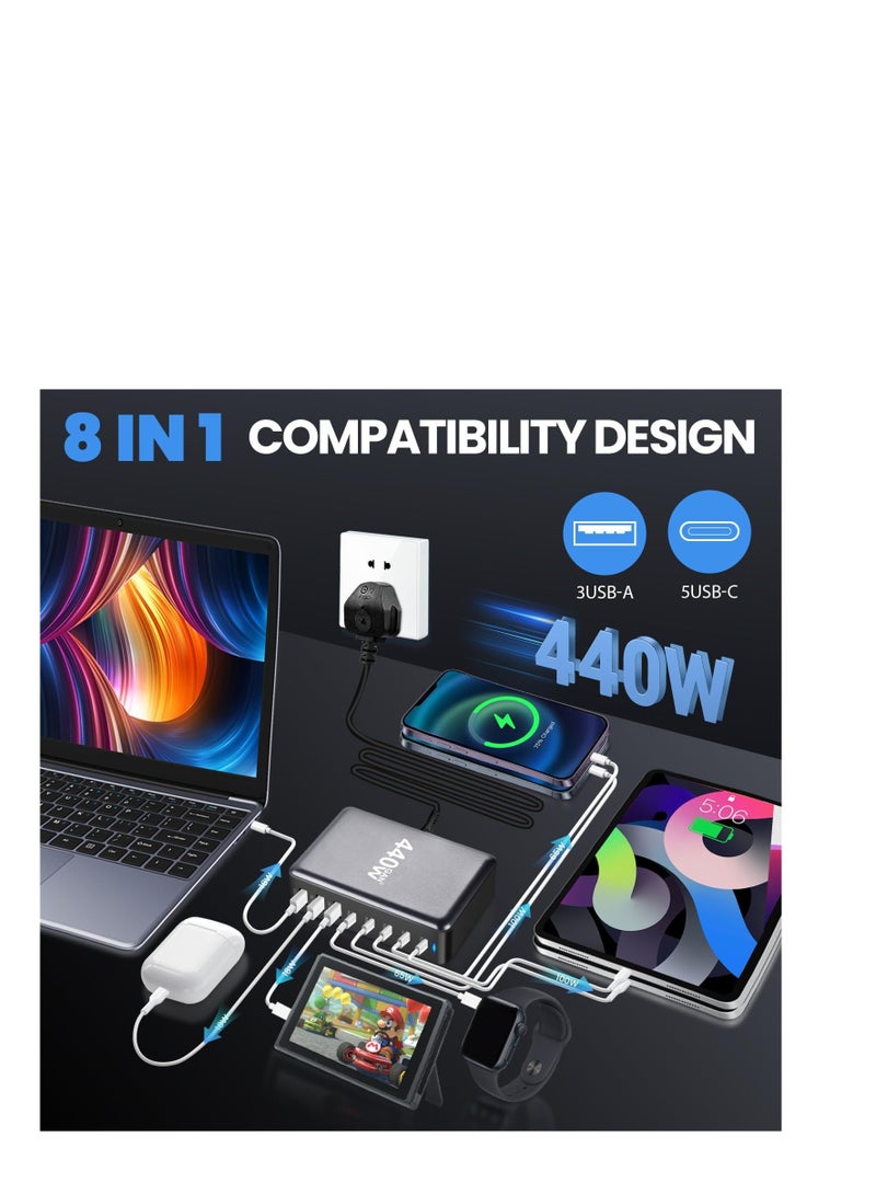 Terabyte 440W Charging Station - 5 Type-C Ports (2x 100W, 3x 65W) and 3 USB Ports (QC18W) - GaN Technology - Certified for Macbook, Galaxy, iPad, Honor and More - Image 5
