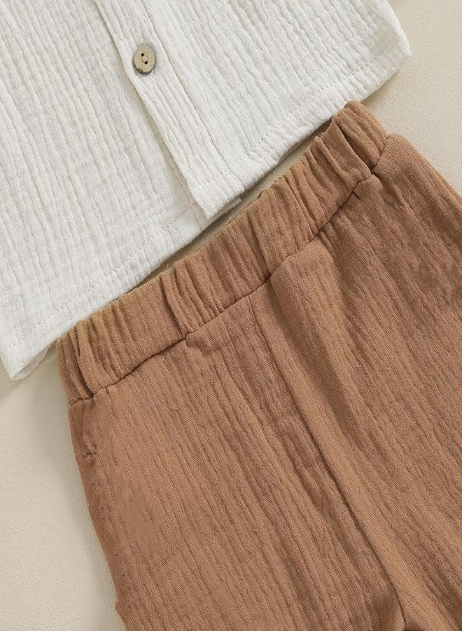 Bold N Elegant Boys Pure Cotton Linen Muslin Solid Clothing Set For Infant Toddler Teedler | Stylish Shirt Pants Coord Set Upto 6 Years (Off White-Brown, 3-4 Years) - Image 2