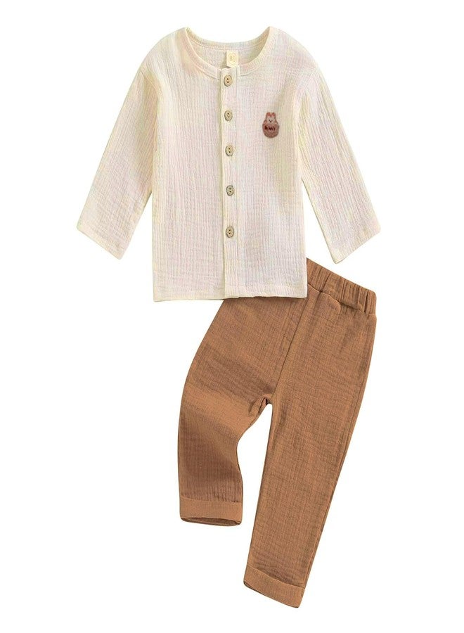 Bold N Elegant Boys Pure Cotton Linen Muslin Solid Clothing Set For Infant Toddler Teedler | Stylish Shirt Pants Coord Set Upto 6 Years (Off White-Brown, 3-4 Years) - Image 1