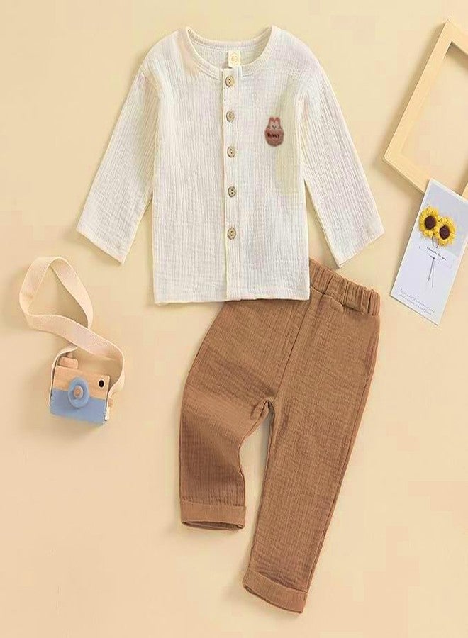 Bold N Elegant Boys Pure Cotton Linen Muslin Solid Clothing Set For Infant Toddler Teedler | Stylish Shirt Pants Coord Set Upto 6 Years (Off White-Brown, 3-4 Years) - Image 5