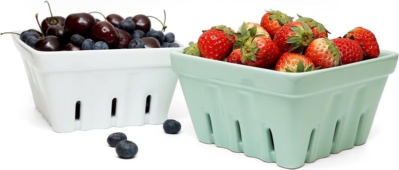 WOOUCH Ceramic Berry Basket Square Fruit Bowl With Holes 57 Colander For Kitchen Cute Small Container For Berries Strawberry Grape Cherry Rustic Stoneware Dcor White  Mint Green - Image 1