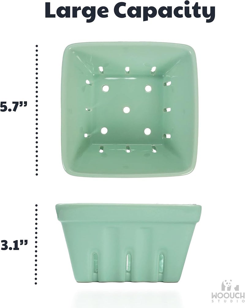 WOOUCH Ceramic Berry Basket Square Fruit Bowl With Holes 57 Colander For Kitchen Cute Small Container For Berries Strawberry Grape Cherry Rustic Stoneware Dcor White  Mint Green - Image 2