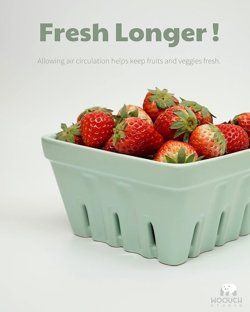WOOUCH Ceramic Berry Basket Square Fruit Bowl With Holes 57 Colander For Kitchen Cute Small Container For Berries Strawberry Grape Cherry Rustic Stoneware Dcor White  Mint Green - Image 4