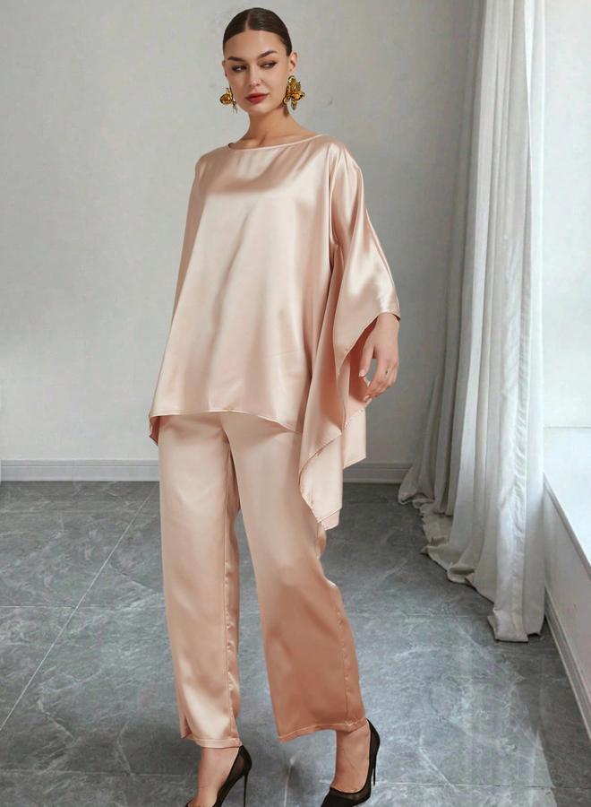 تايك تو طقم منسق من بنطال وبلوزة ساتان غير متماثلة الطول - Image 3