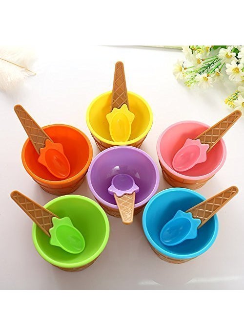 KIDINGTON - KIDINGTON Ice Cream Bowl Set with Spoon Plastic Ice Cream Cups Salad Dessert Serving Bowls Tableware Set for Kids Party Multicolor Sent as Per Availability Set of 6 - Image 1
