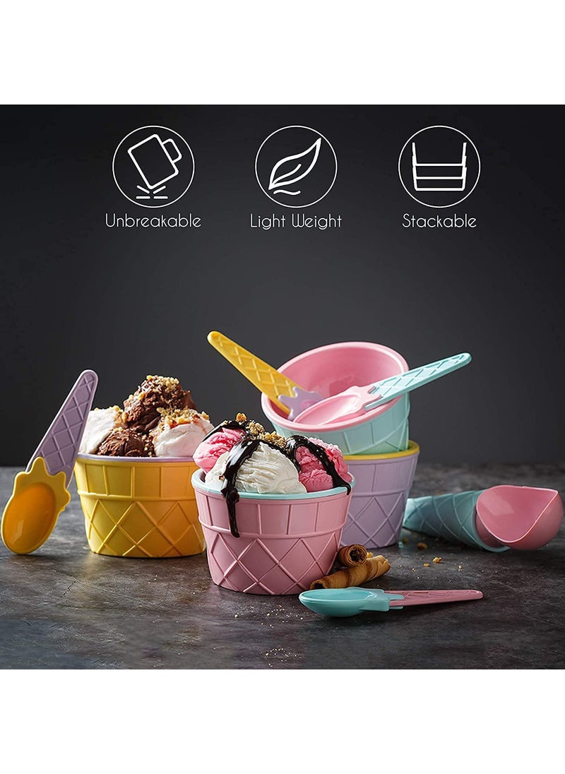 KIDINGTON - KIDINGTON Ice Cream Bowl Set with Spoon Plastic Ice Cream Cups Salad Dessert Serving Bowls Tableware Set for Kids Party Multicolor Sent as Per Availability Set of 6 - Image 1