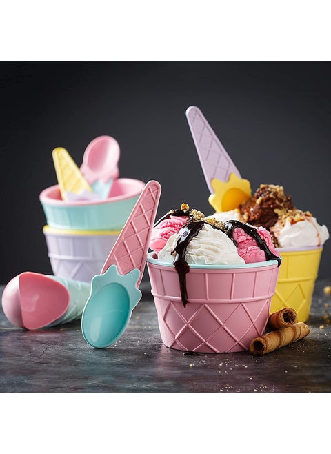 KIDINGTON Ice Cream Bowl Set with Spoon Plastic Ice Cream Cups Salad Dessert Serving Bowls Tableware Set for Kids Party Multicolor Sent as Per Availability Set of 6