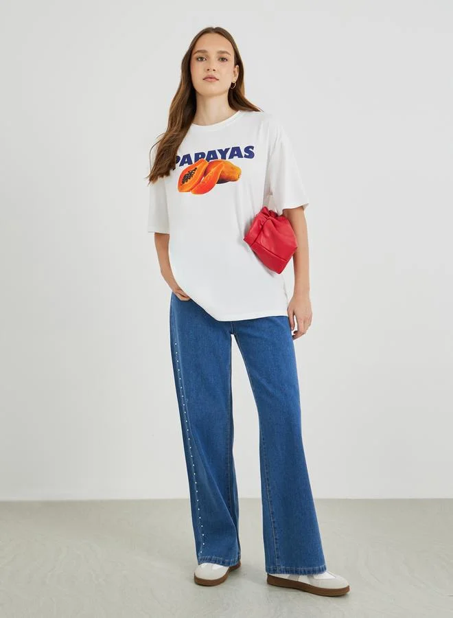 تايك تو Take Two Graphic Print Round Neck Oversized T-Shirt