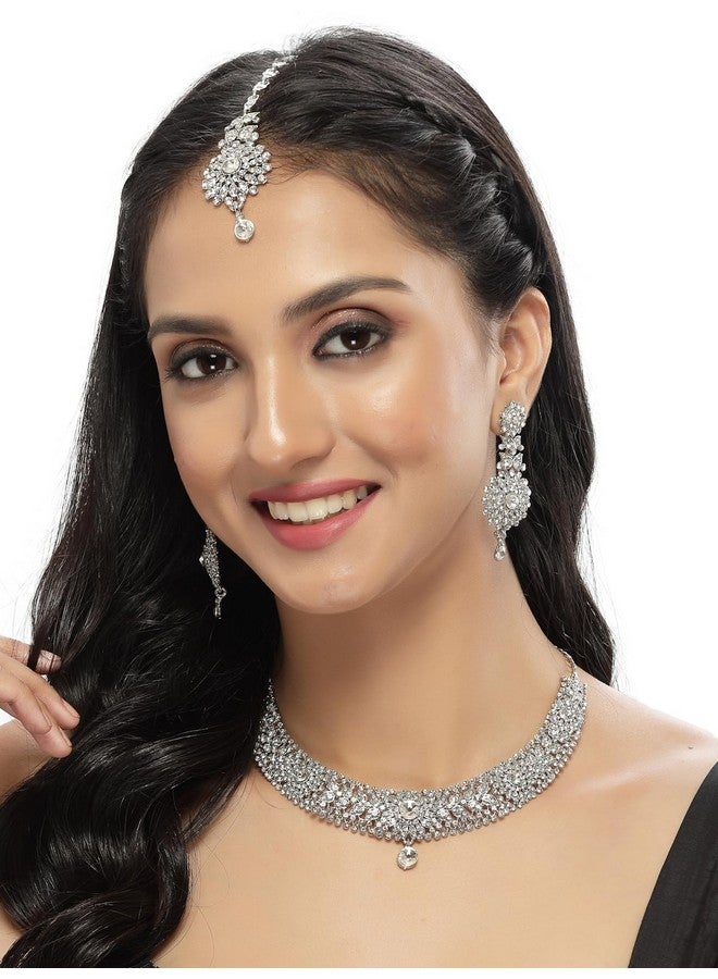 سوكهي طقم قلادة من حجر الراين الأبيض مطلي بالروديوم من Sukkhi Fashion مع قرط وقلادة مانجتيكا | طقم مجوهرات للنساء (NS105671) - Image 2