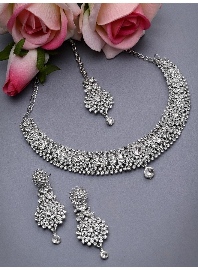 سوكهي طقم قلادة من حجر الراين الأبيض مطلي بالروديوم من Sukkhi Fashion مع قرط وقلادة مانجتيكا | طقم مجوهرات للنساء (NS105671) - Image 3