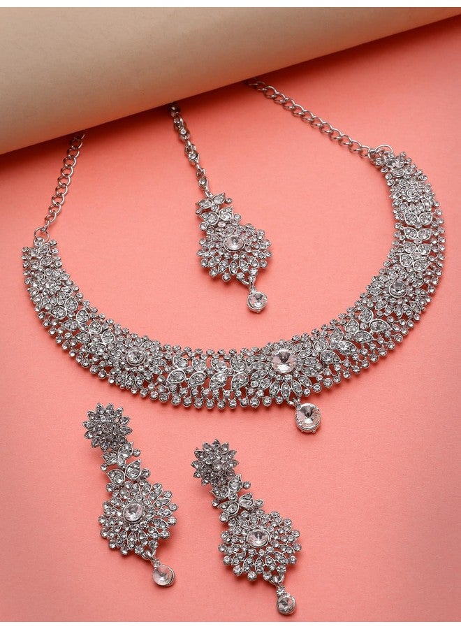 سوكهي طقم قلادة من حجر الراين الأبيض مطلي بالروديوم من Sukkhi Fashion مع قرط وقلادة مانجتيكا | طقم مجوهرات للنساء (NS105671) - Image 4