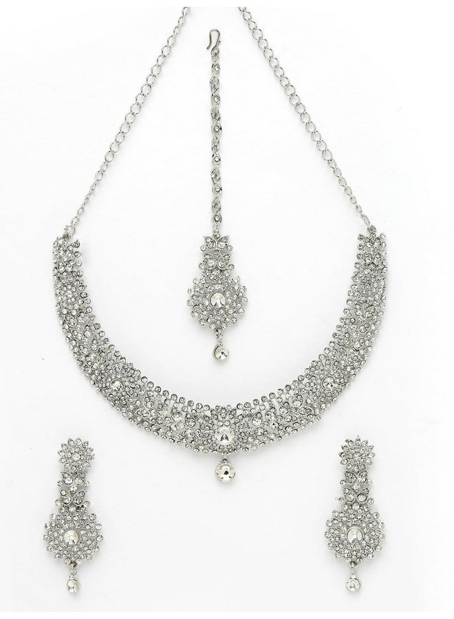 سوكهي طقم قلادة من حجر الراين الأبيض مطلي بالروديوم من Sukkhi Fashion مع قرط وقلادة مانجتيكا | طقم مجوهرات للنساء (NS105671) - Image 5