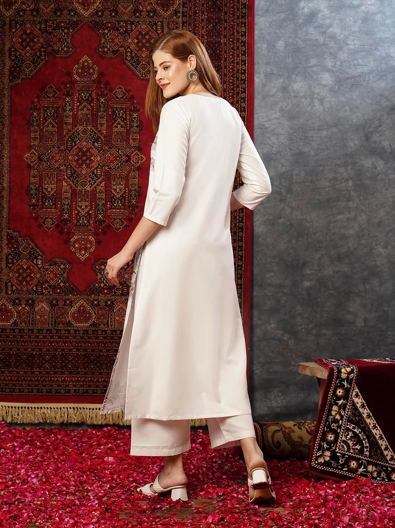 GoSriKi Women's Cotton Blend Printed Regular Kurta with Pant Cream