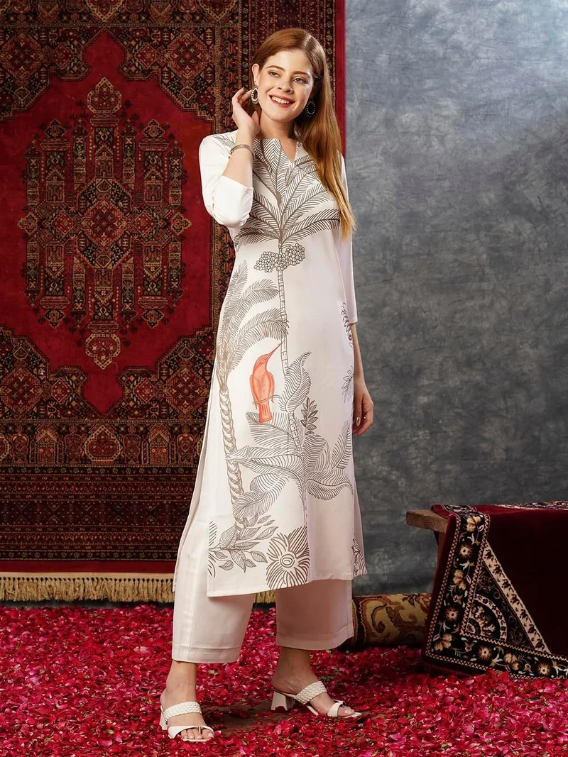 جو سريكي كورتا من GoSriKi نسائية بمزيج من القطن بطبعة مستقيمة مع بنطال (نينيشا كريم-JL-GS_L_Cream_Large)