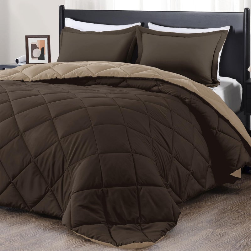 downluxe Queen Comforter Set  Brown and Tan Queen Comforter Soft Bedding Sets for All Seasons 3 Pieces  1 Comforter 88x92 and 2 Pillow Shams20x26