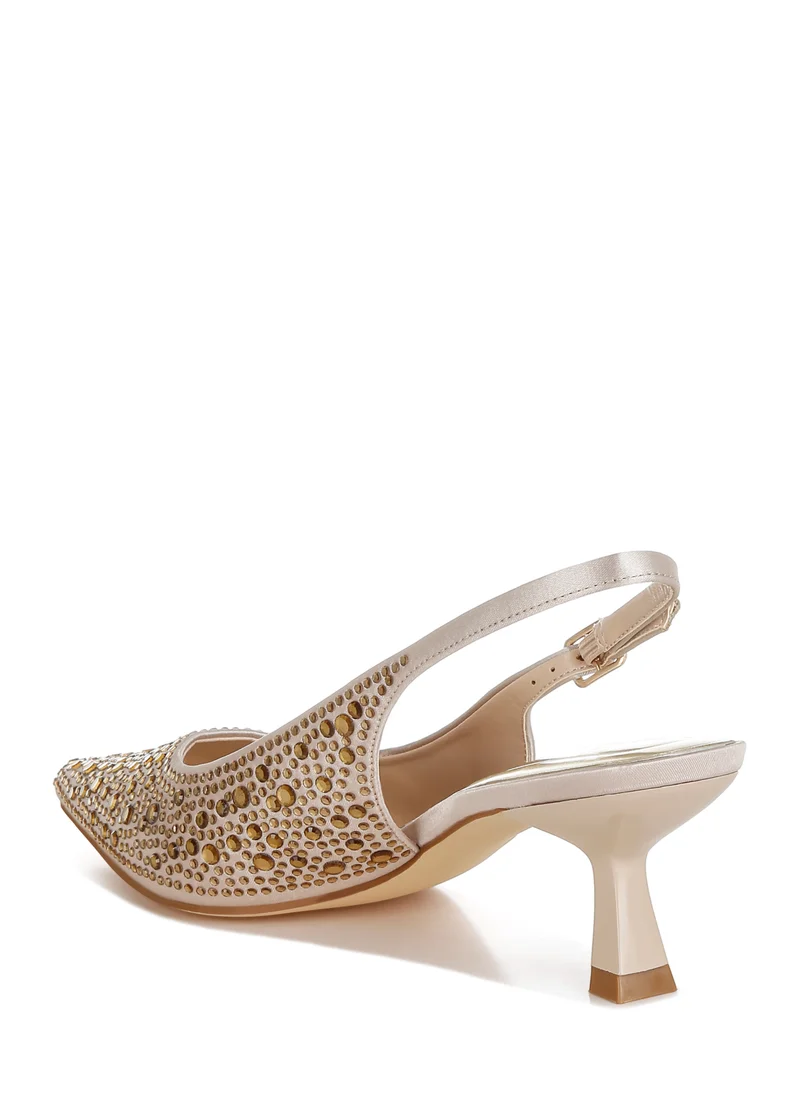 London Rag Pointed Toe Rhinestone Slingbacks in Beige