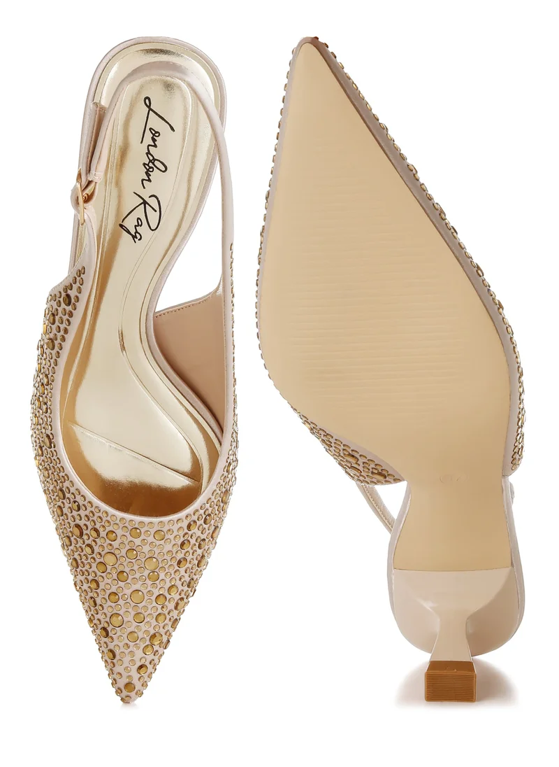 London Rag Pointed Toe Rhinestone Slingbacks in Beige