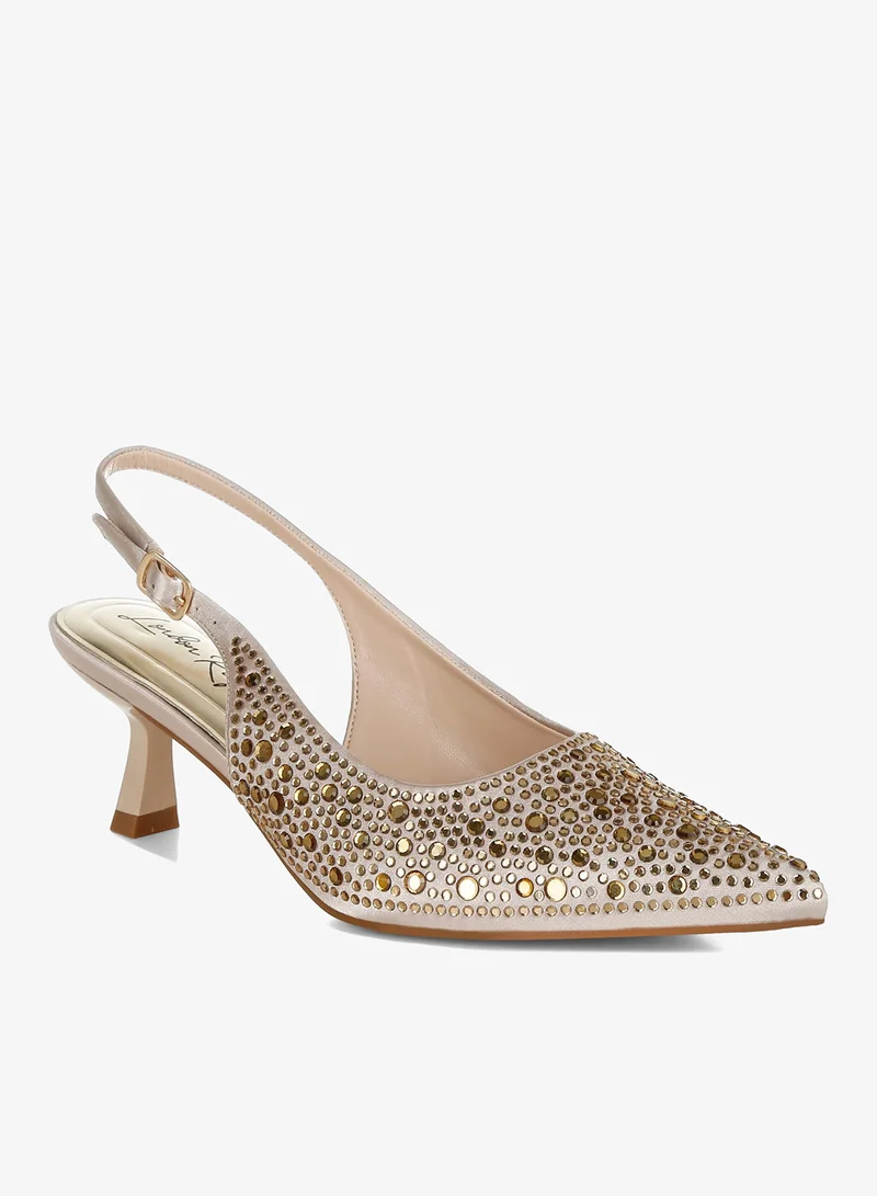 London Rag Pointed Toe Rhinestone Slingbacks in Beige