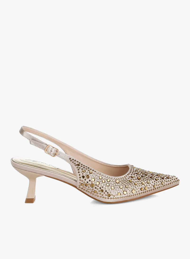 Pointed Toe Rhinestone Slingbacks in Beige