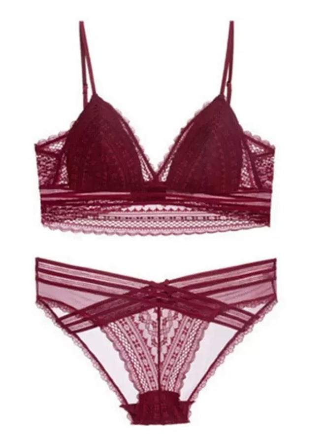 Comfy Solid Color Thin Cup Lace No Steel Ring Bras Panty Set Red Size L 