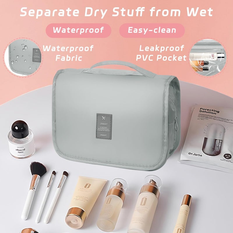 YEMEDA Toiletry Bag Travel Bag with Hanging Hook, Waterproof Capacity Hanging Multifunctional Makeup Bag for Toiletries, Portable Cosmetic Bag Travel Organizer for Women and Men(Light Grey) - Image 5