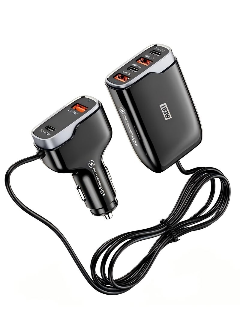 ستارويل شاحن سيارة يوفر 6 منافذ USB-C مع منفذ PD/QC 3.0، متوافق مع المركبات 12-24 فولت، أقصى قدرة 103 واط، محول شاحن سيارة مع كابل بطول 5.7 قدم لشحن المقاعد الخلفية، موزع ولاعة السجائر (أسود) - Image 1