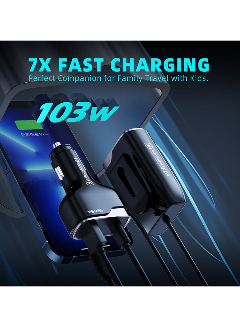 ستارويل شاحن سيارة يوفر 6 منافذ USB-C مع منفذ PD/QC 3.0، متوافق مع المركبات 12-24 فولت، أقصى قدرة 103 واط، محول شاحن سيارة مع كابل بطول 5.7 قدم لشحن المقاعد الخلفية، موزع ولاعة السجائر (أسود) - Image 2
