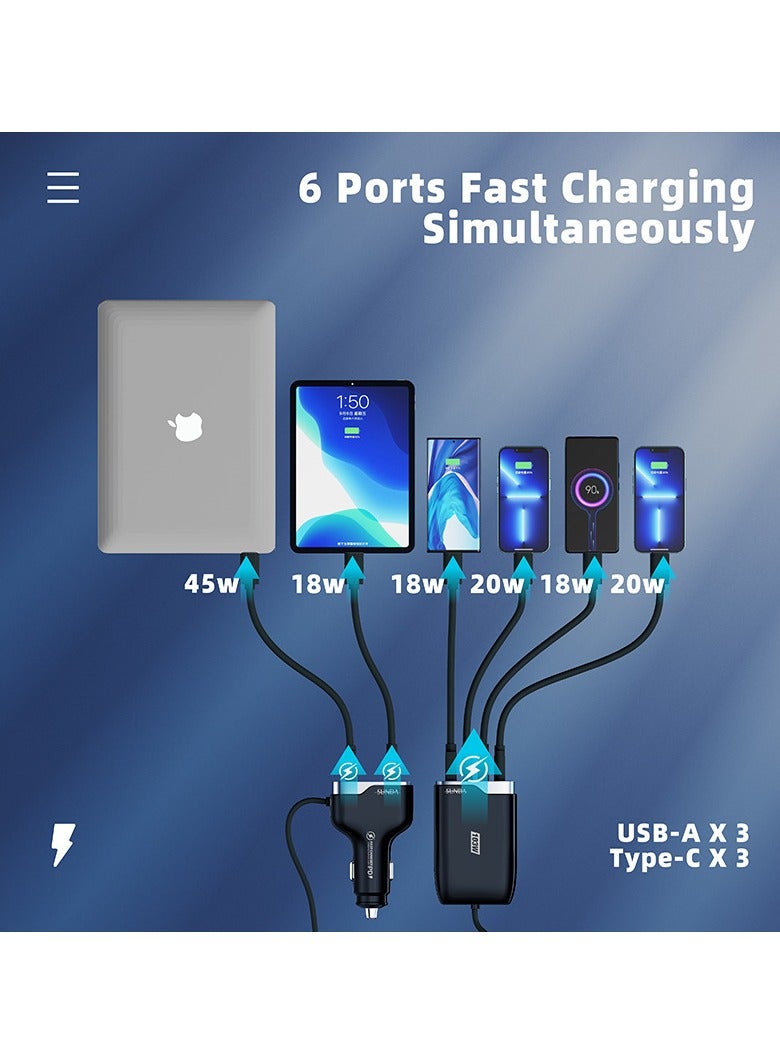 ستارويل شاحن سيارة يوفر 6 منافذ USB-C مع منفذ PD/QC 3.0، متوافق مع المركبات 12-24 فولت، أقصى قدرة 103 واط، محول شاحن سيارة مع كابل بطول 5.7 قدم لشحن المقاعد الخلفية، موزع ولاعة السجائر (أسود) - Image 4