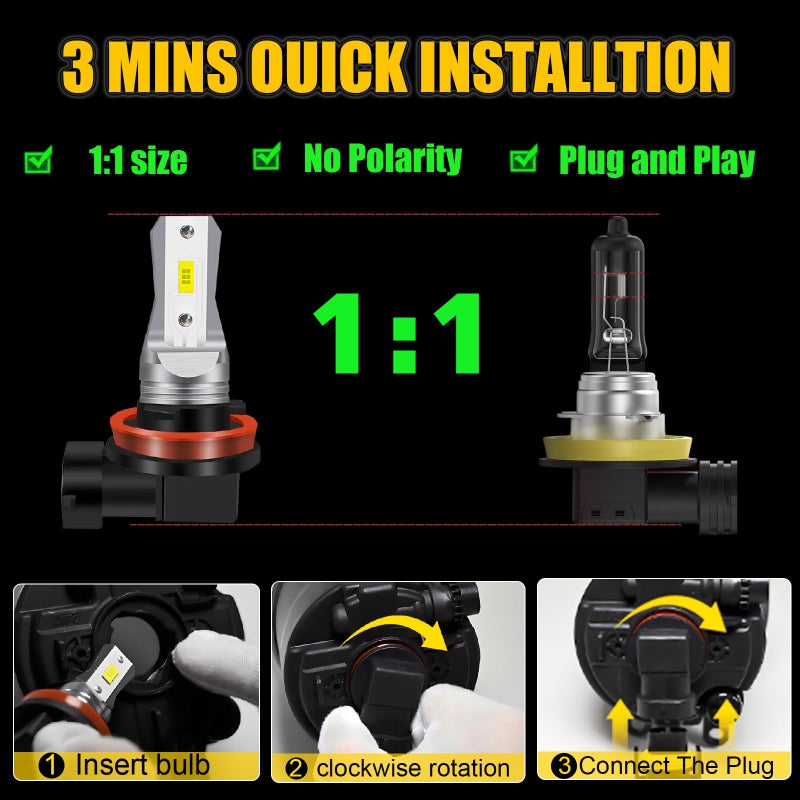 LEDYOTRY H11/H8 LED Fog Light Bulbs or DRL, 4000 Lumens Super Bright 6000K Cool White H16 Fog Light for Cars, Trucks, SUVs, Non-polarity, Play and Plug (Pack of 2) - Image 3