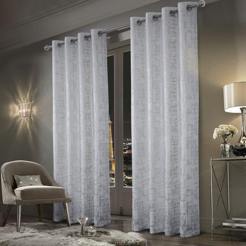 always4u 100 Blackout Soft Velvet Curtains for Bedroom Living Room Thermal Energy Saving 84 Inches Long Luxury Silver Foil Print Drapes 2 Panels White