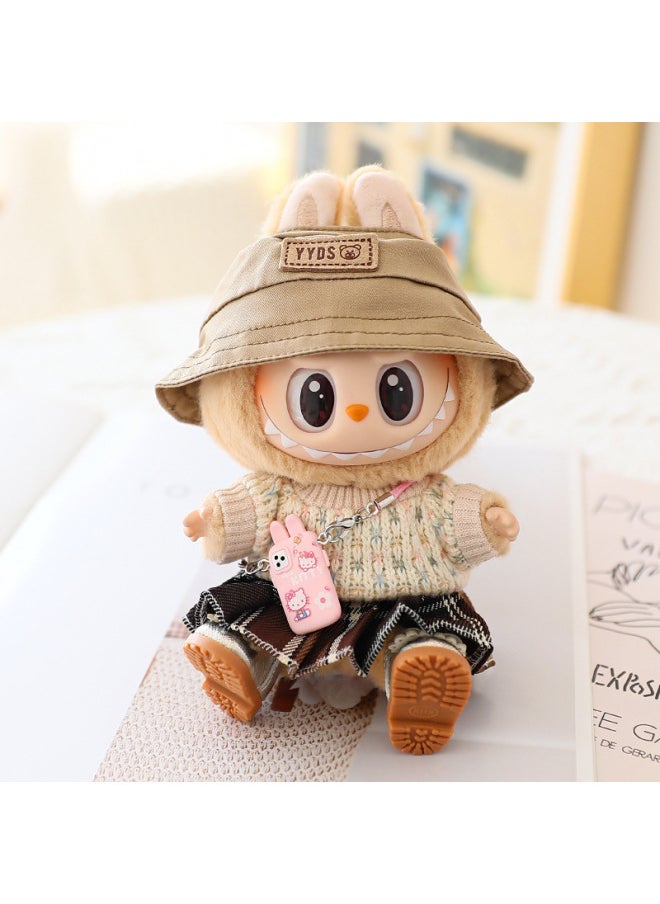 The Second Generation Of Labubu Blind Box Pendant Clothes Sit Party Pull Cloth Doll Clothes For JK Pleated Skirt Suit-Specifications:Suitable For First-generation And Second-generation Pendants (doll Not Included)-Color:Brown Knitted Sweater + Dark Brown Pleated Skirt + Khaki Fisherman Hat + Pink Mobile Phone + Gold Princess Shoes (clothes Only  - Image 1