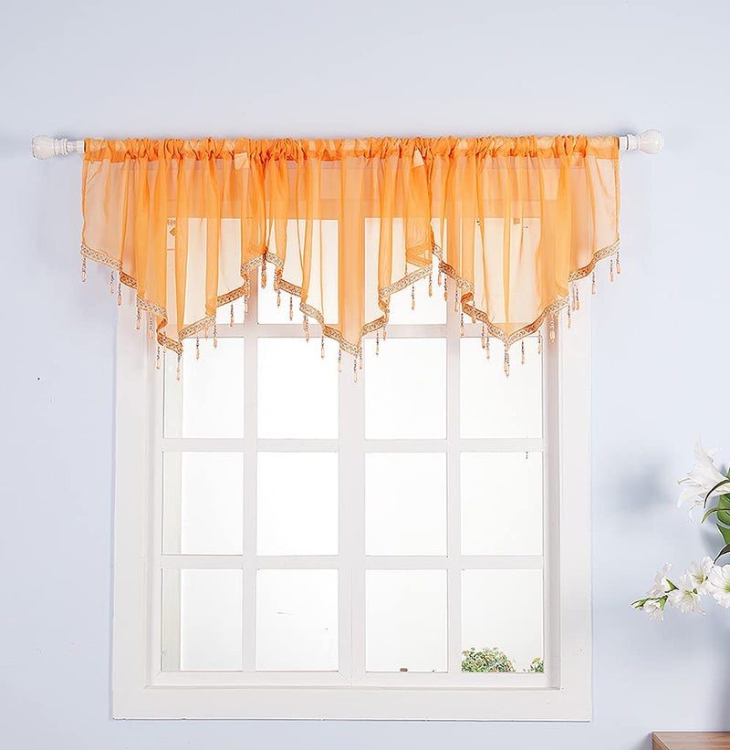 Molaxhome Molaxhome Swag Curtain 51 inch Length Rod Pocket Scalloped Curtain Valance Sheer Lace Panels with Hanging Crystal Beads for Farmhouse Kitchen Bedroom Window Treatments Drape Decor 1pc Orange 