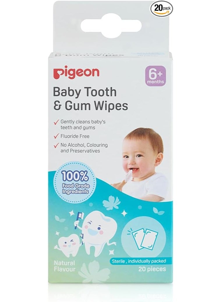Pigeon, Baby Tooth & Gum Wipes, Natural Flavor, Fluoride Free, No Alcohol, Colouring and Preservatives, Natural Flavor, 20 Pieces - Image 1