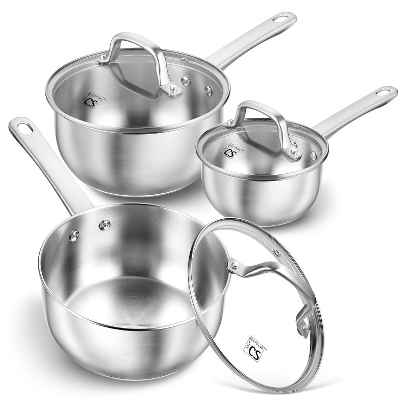 KOCH SYSTEME CS Stainless Steel Saucepan Set, 1QT & 2QT & 3QT Sauce Pan, Premium 18/10 Steel Sauce Pan Set, Induction Saucepans, Stainless Steel Pot Set 6 Piece, Easy to Clean, Oven Safe - Image 1