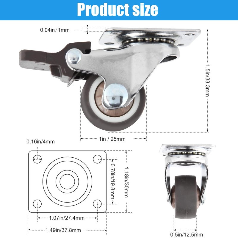 implemental Nefish 4 Pack 1 Small Caster Wheels For Furniture Low Profile Soft Rubber Casters Swivel Plate Castors Rolling Smooth Load Capacity 100 Lbs For Set Of 4 2 With Brake And 2 Without - Image 2