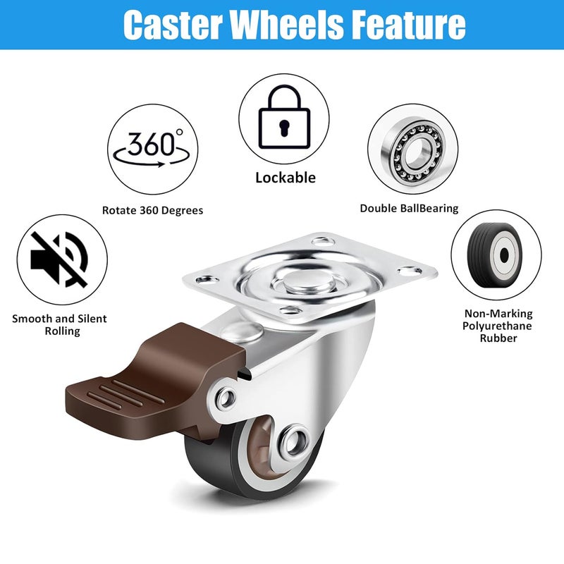 implemental Nefish 4 Pack 1 Small Caster Wheels For Furniture Low Profile Soft Rubber Casters Swivel Plate Castors Rolling Smooth Load Capacity 100 Lbs For Set Of 4 2 With Brake And 2 Without - Image 3