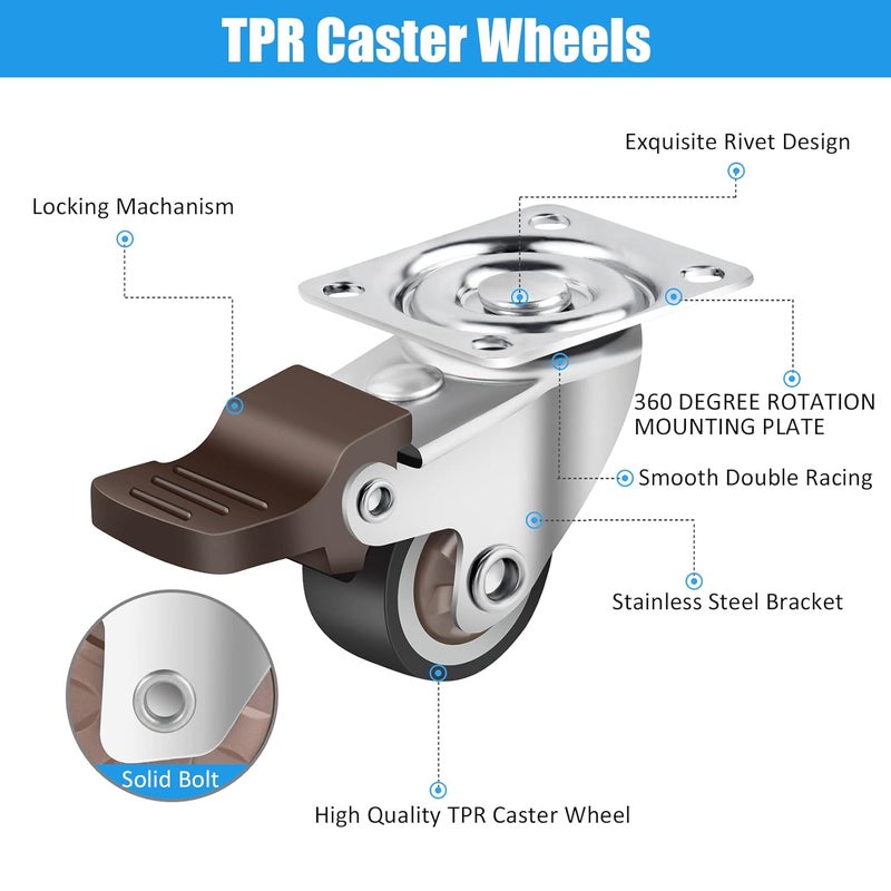 implemental Nefish 4 Pack 1 Small Caster Wheels For Furniture Low Profile Soft Rubber Casters Swivel Plate Castors Rolling Smooth Load Capacity 100 Lbs For Set Of 4 2 With Brake And 2 Without - Image 4