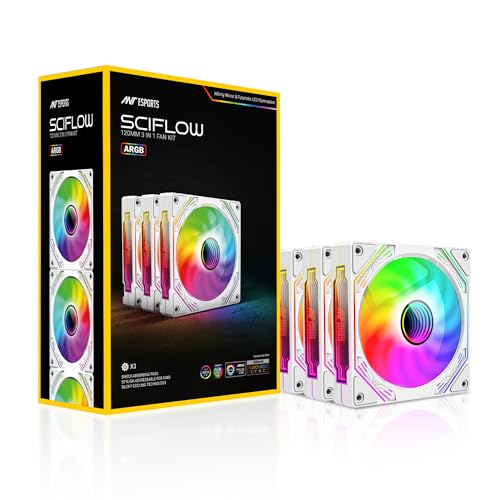 Ant Esports Sciflow 120mm 3 IN 1 ARGB Case Fan Kit - White, RGB Controller, Remote Controller, PWM Control, 1500 RPM, 65.4 CFM Airflow - Image 1