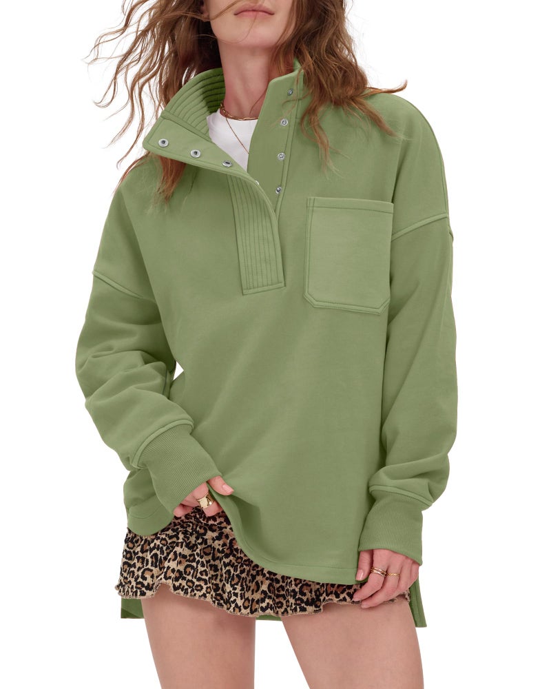 Locachy Womens Casual Oversized Sweatshirt Long Sleeve Button Henley Neck Pullover Tops Fashion Outfits Clothes Green L - Image 1