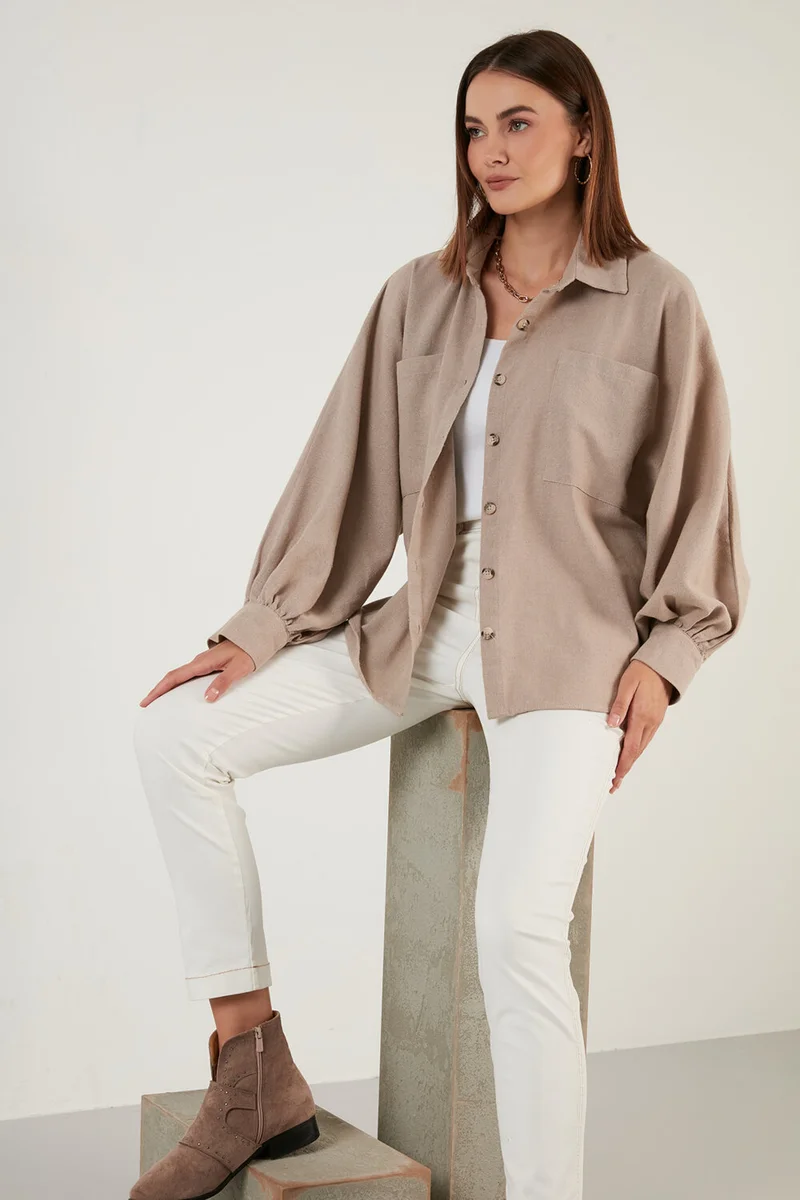 ليلا Cotton Pocket Balloon Sleeve Boyfriend Shirt Women's Shirt 6230458