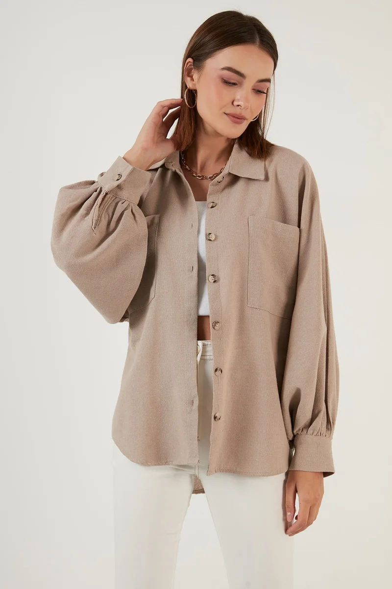 ليلا Cotton Pocket Balloon Sleeve Boyfriend Shirt Women's Shirt 6230458