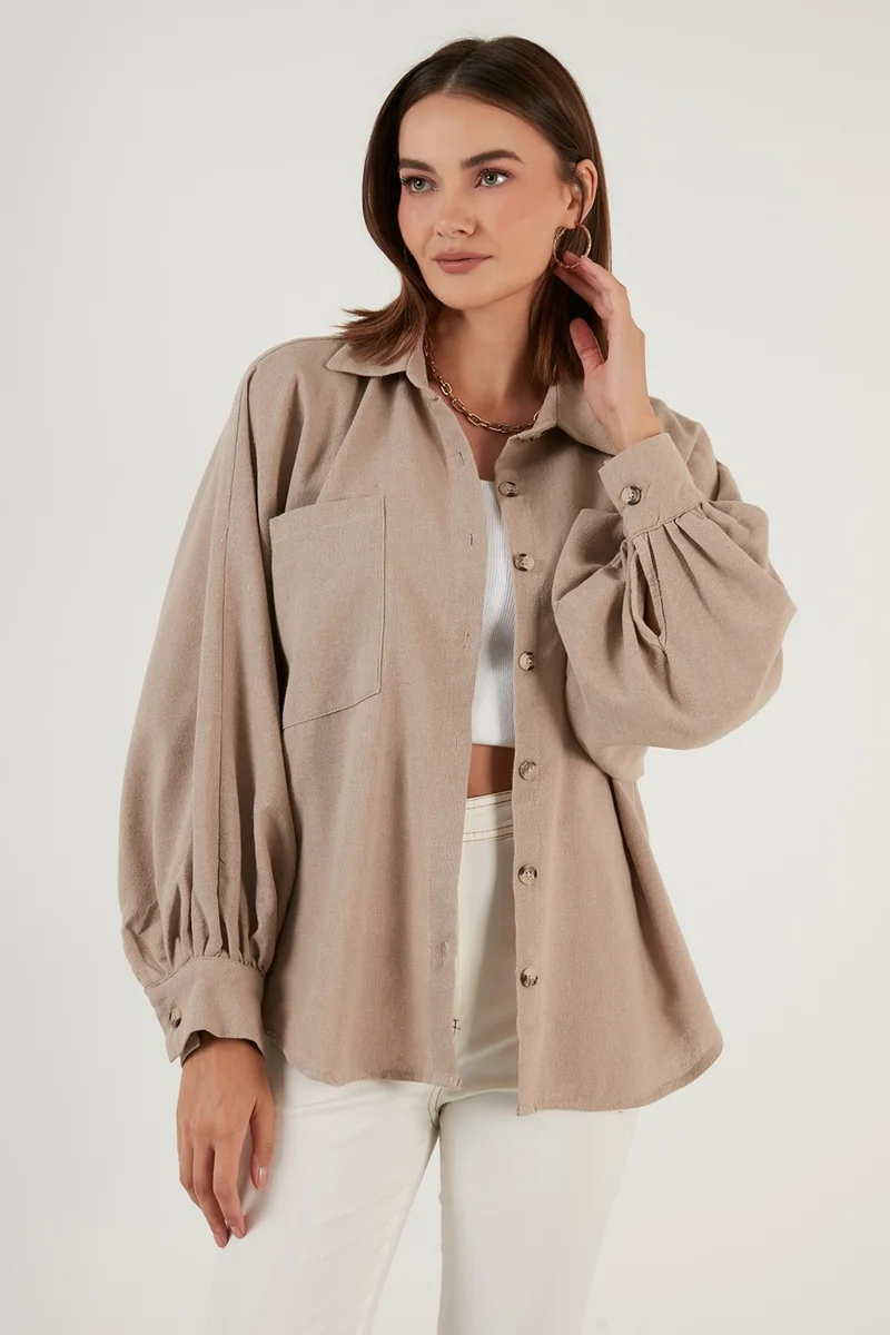 ليلا Cotton Pocket Balloon Sleeve Boyfriend Shirt Women's Shirt 6230458