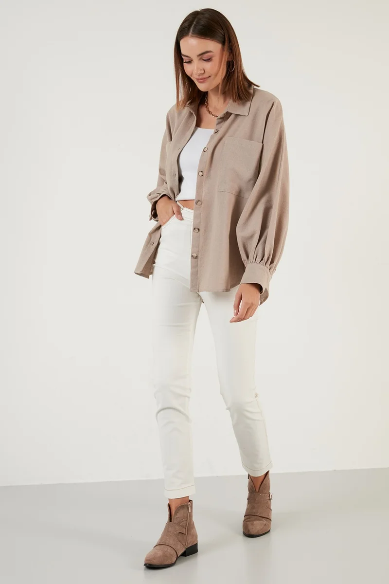 ليلا Cotton Pocket Balloon Sleeve Boyfriend Shirt Women's Shirt 6230458