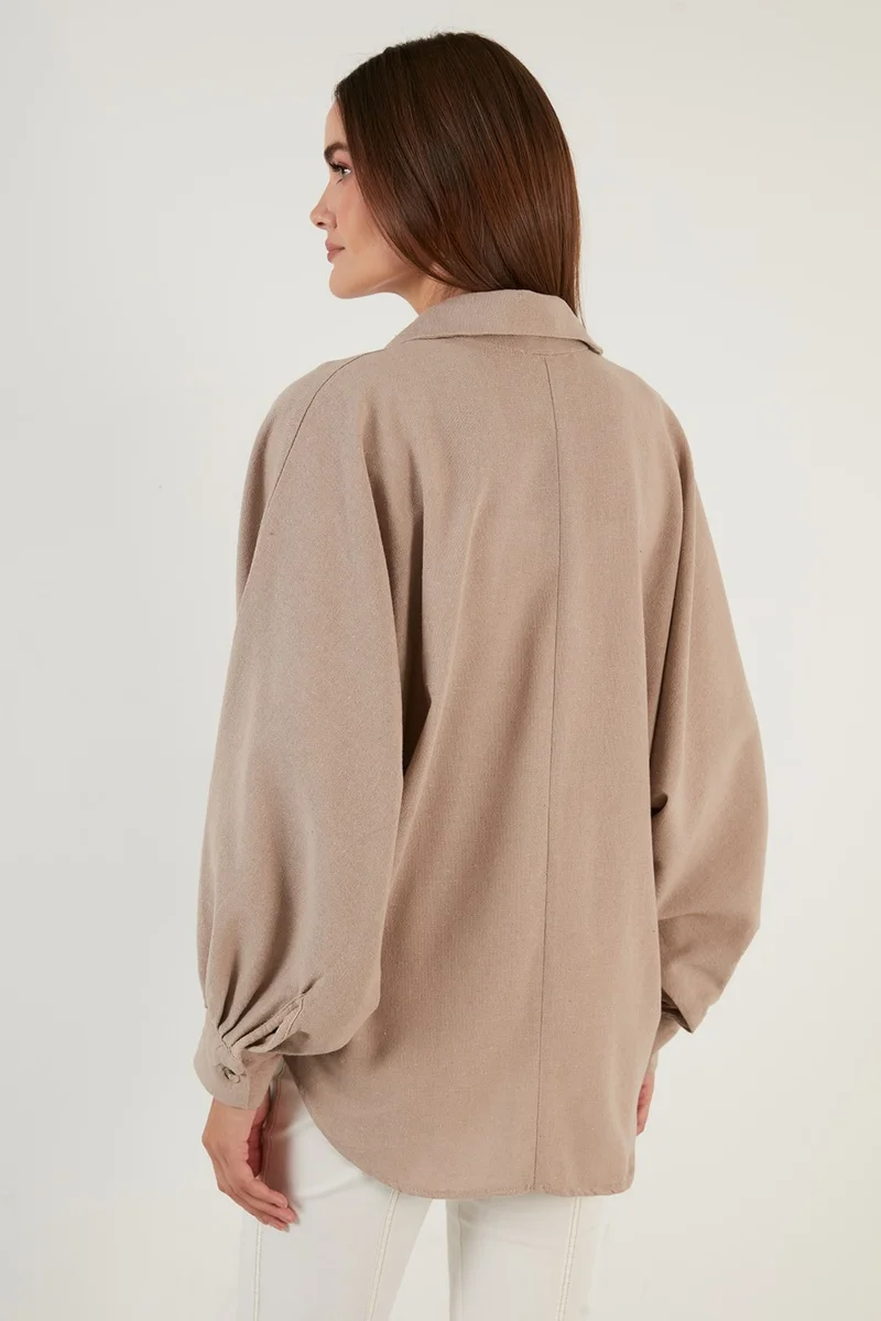 ليلا Cotton Pocket Balloon Sleeve Boyfriend Shirt Women's Shirt 6230458