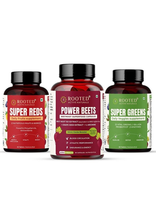 Rooted Active Naturals Wellness Combo - Power Beets Beetroot Capsules, Super Greens Veggie and Super Reds Fruit Supplements