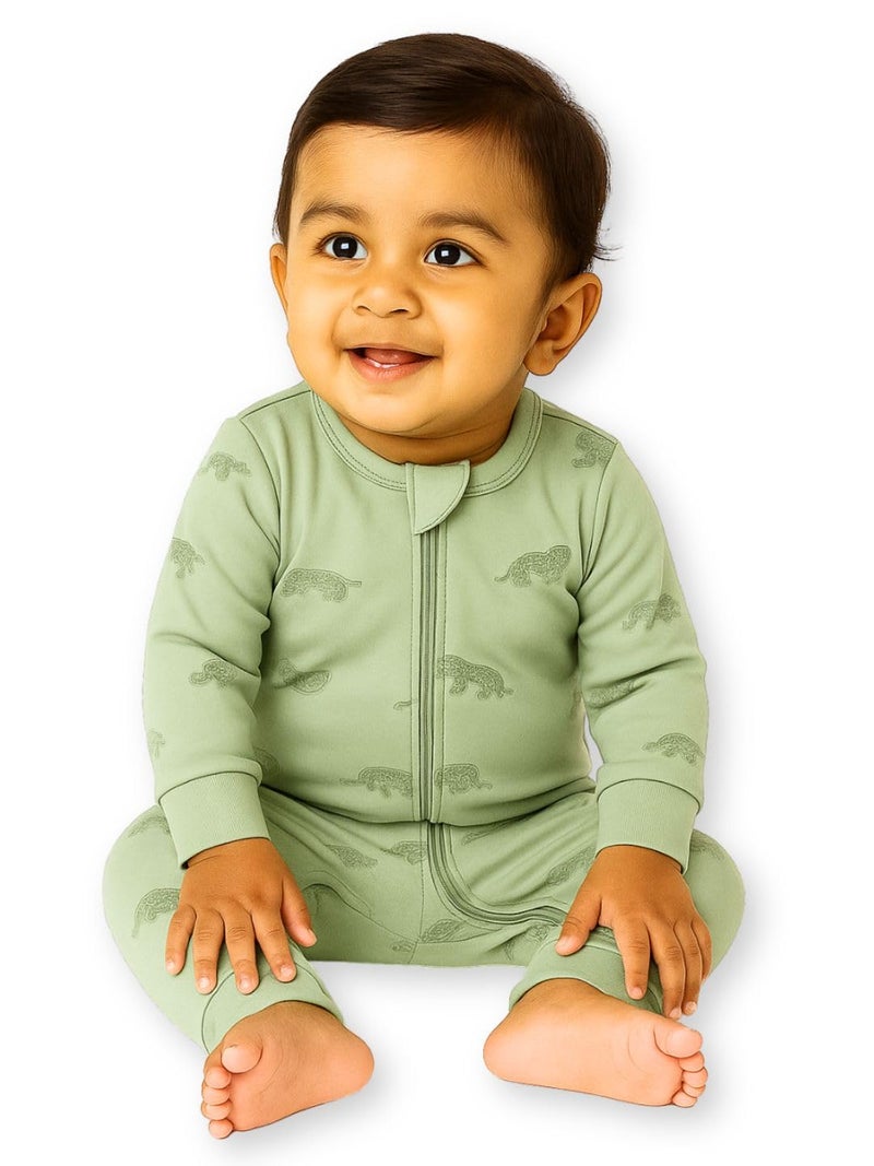 TuddyBuddy 100% Cotton Multi Color Zipper Romper Sleepsuit/Romper/Jumpsuit for Baby (0 Months-3 Months, Tortoise, Olive) - Image 1
