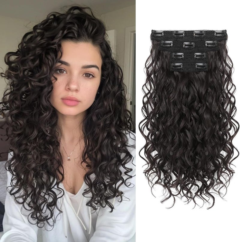 REECHO Curly Hair Extensions 4PCS 16 inch Clip in Hair Extensions Lace Weft Short Curly Hair Extension Clip Ins Invisible Natural Hairpieces for Women Off Black