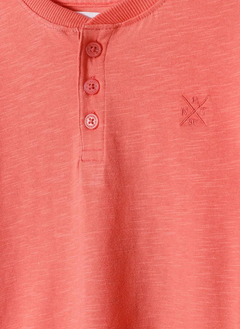 MINOTI Teen Henley T-Shirt with Short Sleeves and Button Neckline